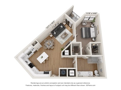 Floor plan for 1 bed, 1 bath, 931 sqft